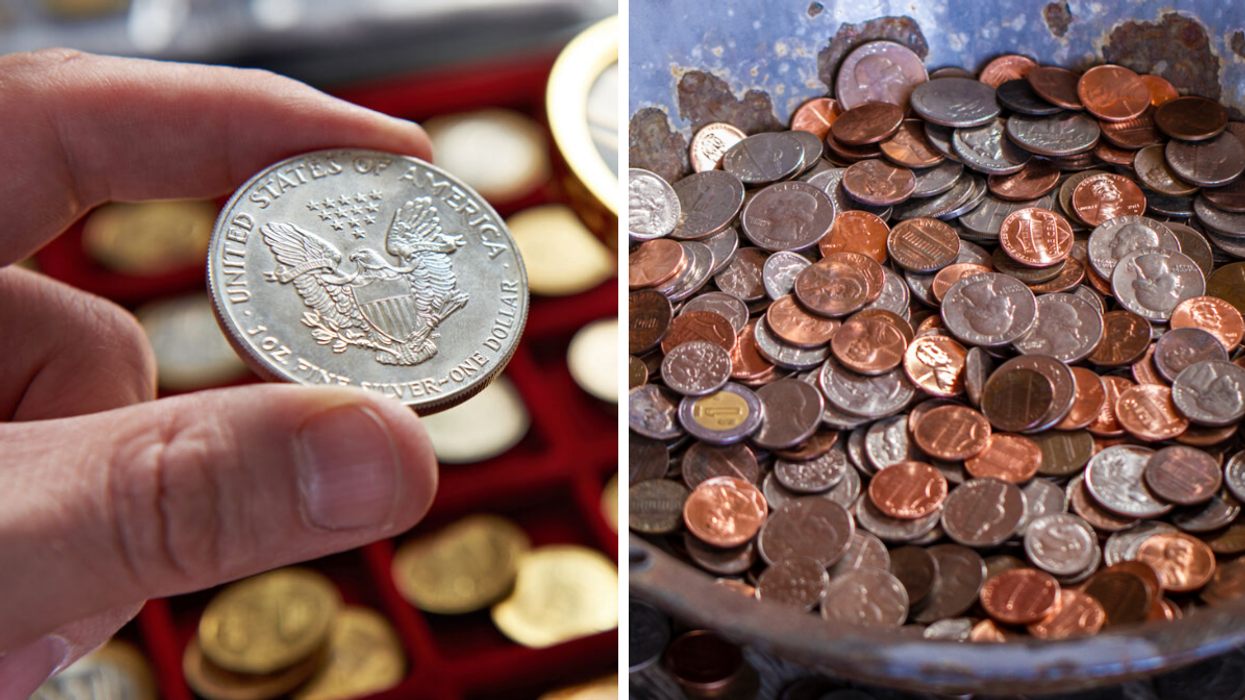 A hand holding a United States quarter. Right: American coins.