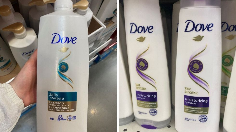 A hand holding a white bottle that says Dove in blue writing. Right: White bottles on a store shelf that say Dove on them.