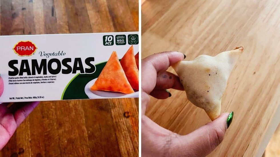 A hand holding a white box with samosas on it. Right: A hand with green nails holding a triangle samosa.