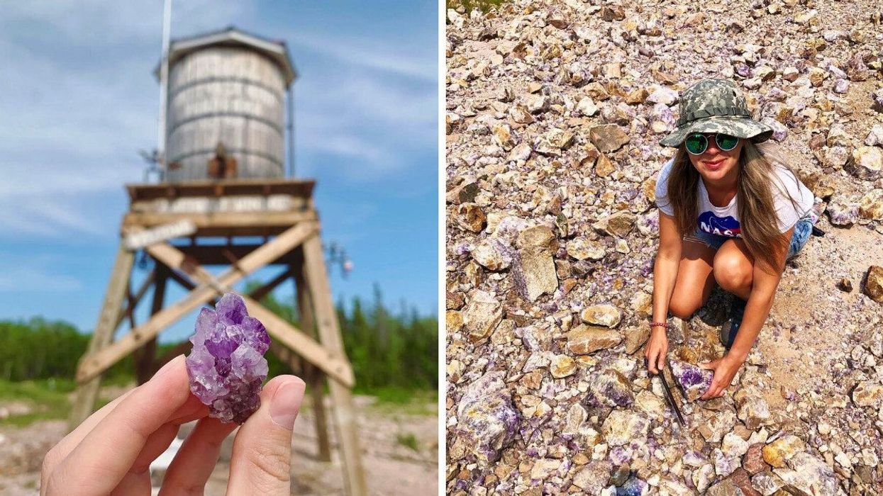 A hand holding an amethyst. Right: A person digging for amethyst.