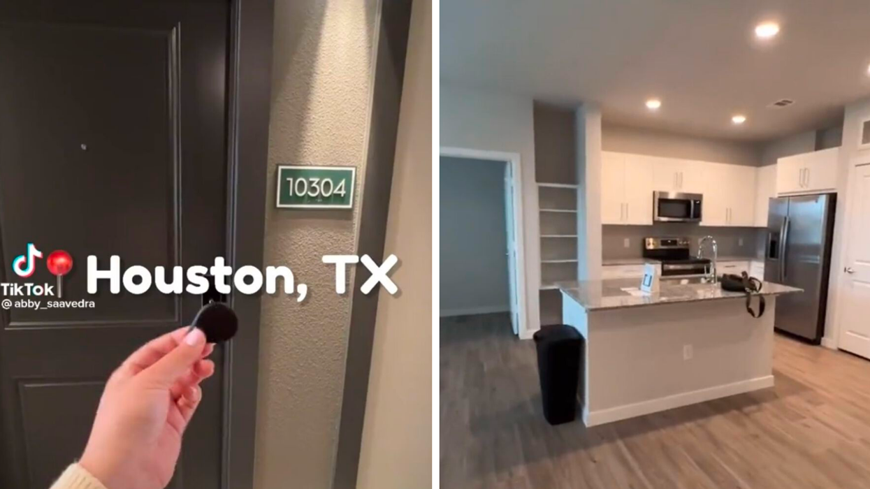 A hand holding an apartment key in front of a door. Right: The kitchen of the Houston apartment.