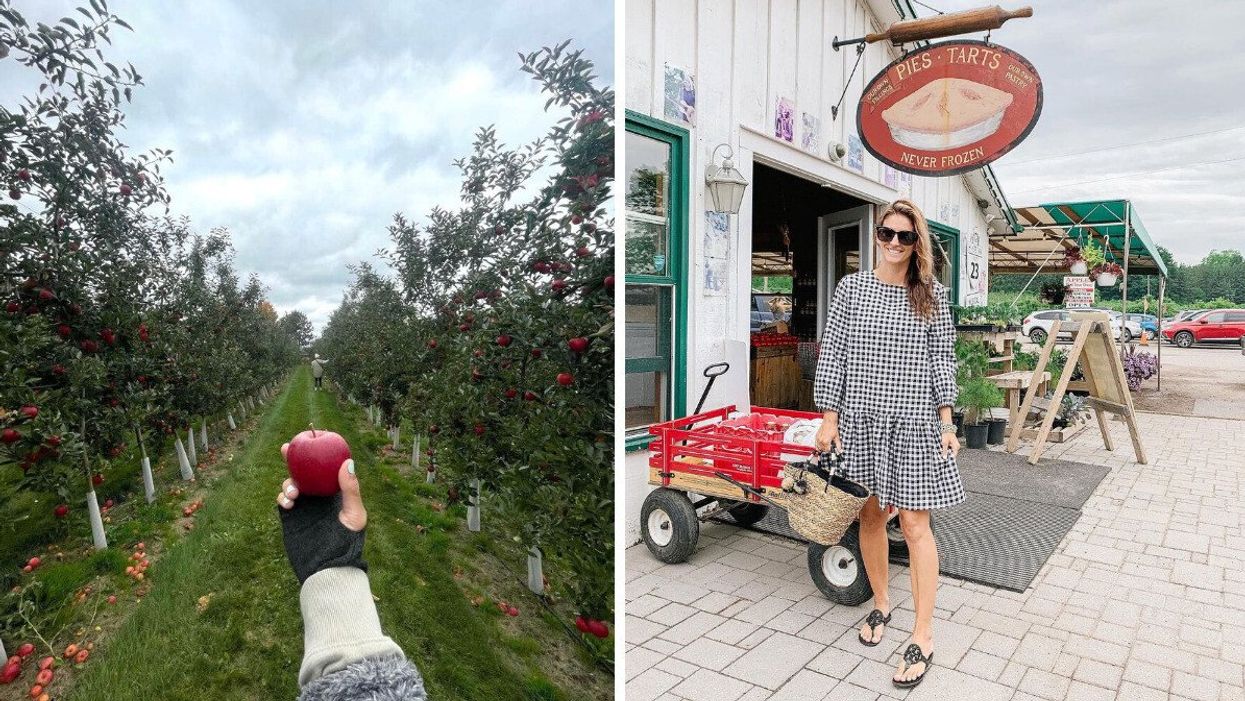 A hand holding an apple. Right: A person standing beside a bakery.
