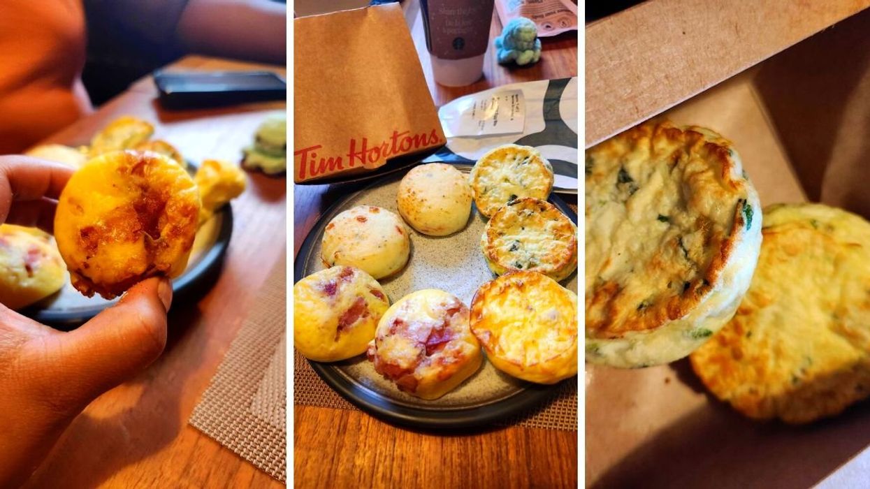 A hand holding an egg bite with bacon and gruyere. Middle: A variety of egg bites. on a plate. Right: Two Spinach and Egg White Omelette Bites in a box.