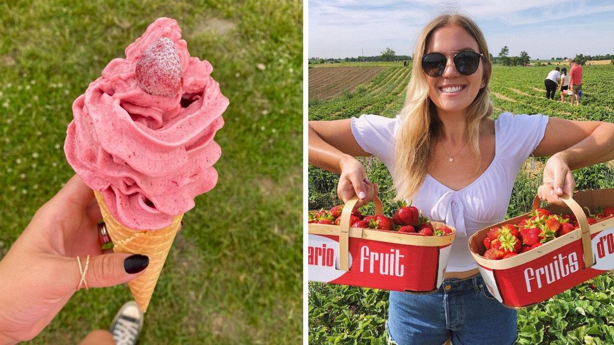 A hand holding an ice cream cone. Right: A person holding baskets of strawberries.