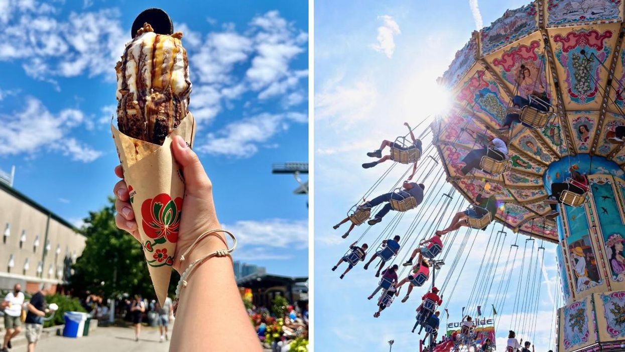 A hand holding an ice cream cone. Right: People on a ride at the CNE.