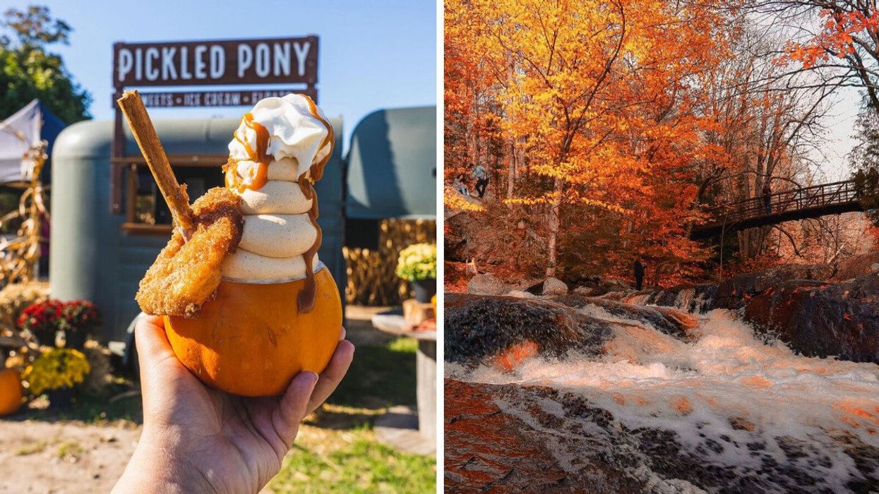 A hand holding an ice cream dessert in a pumpkin. Right: A bridge surrounded by fall foliage.
