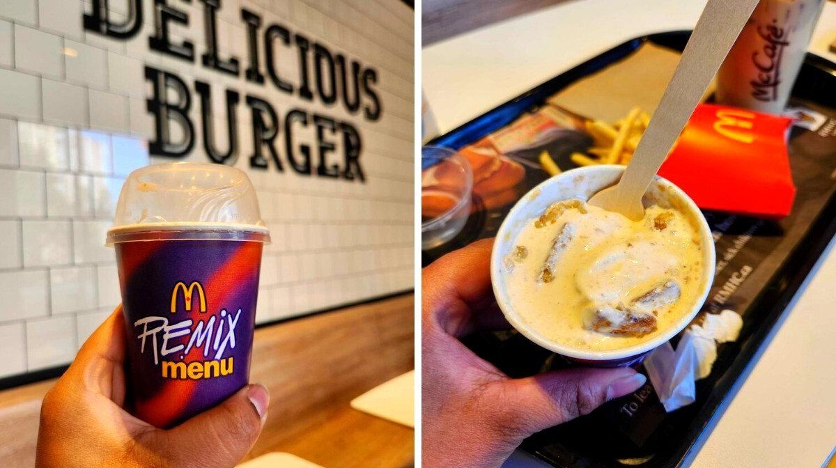 A hand holding Apple Pie McFlurry. Right: The inside of an Apple Pie McFlurry.\u200b