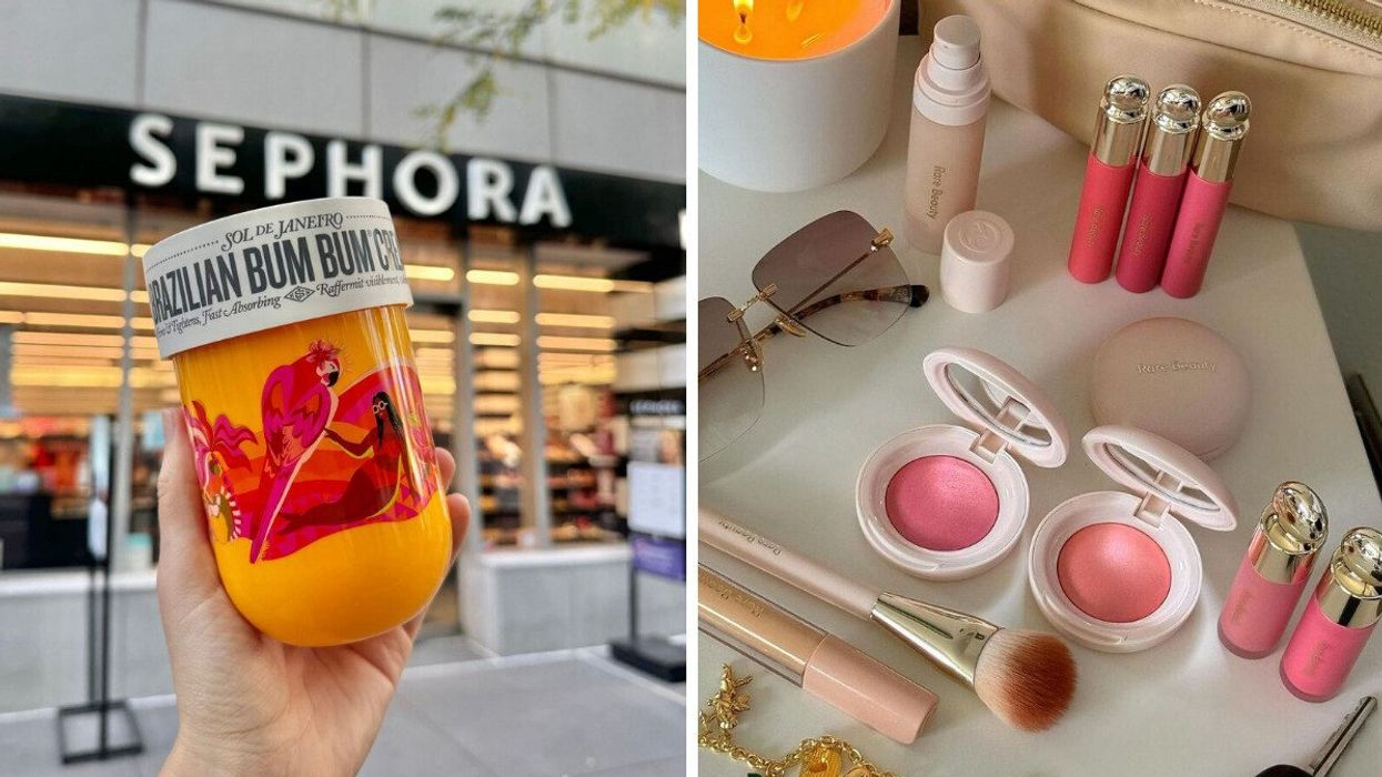 A hand holding body lotion outside a Sephora store. Right: Makeup on a table.