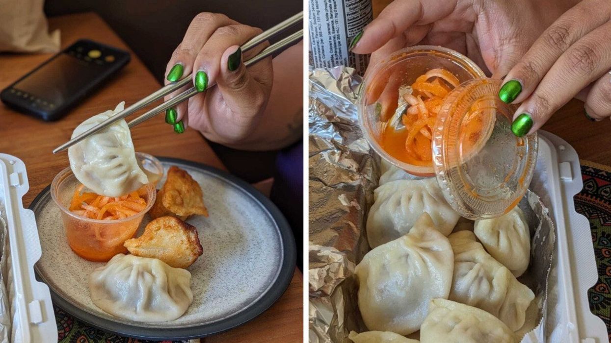 A hand holding chopsticks with a momo. Right: Pickled radish with momos.