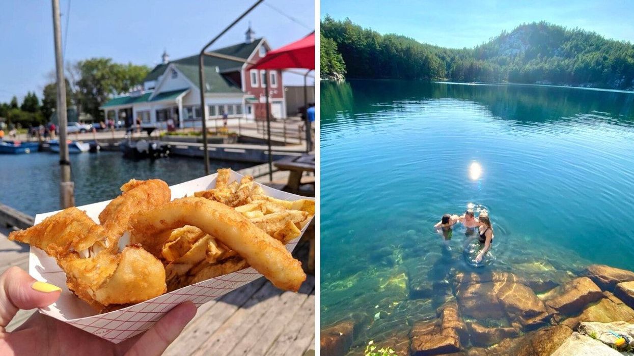 A hand holding fish and chips by a harbour. Right: Three people swimming in a lake.