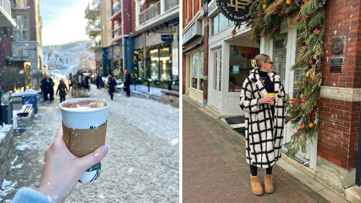 A hand holding hot chocolate. Right: A person standing by a cafe.