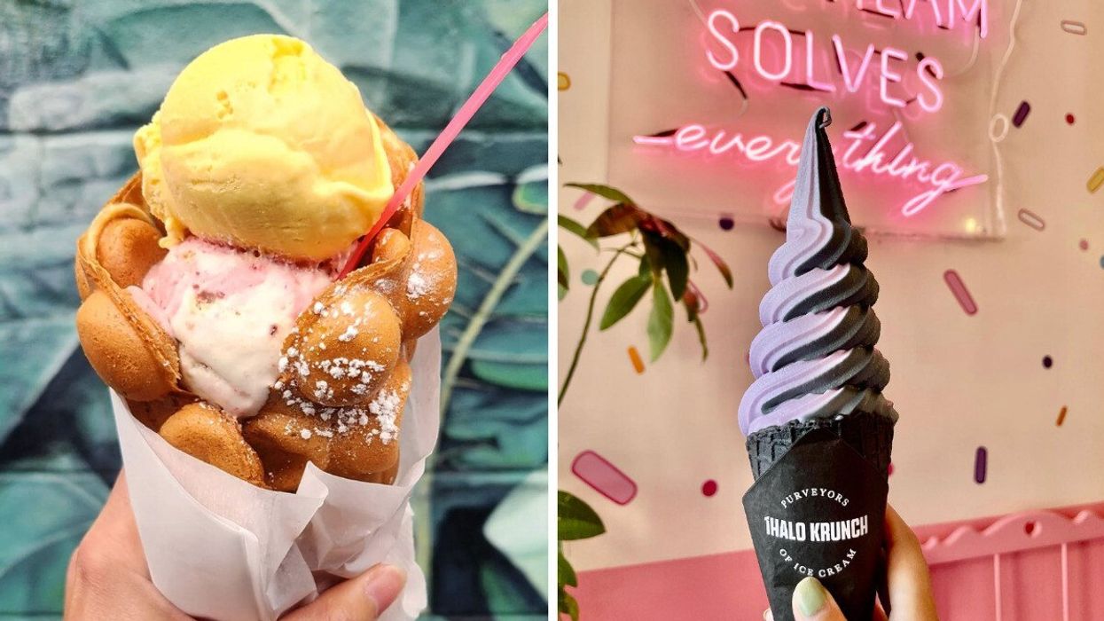 A hand holding ice cream from Bang Bang. Right: A hand holding ice cream from Ihalo Krunch.