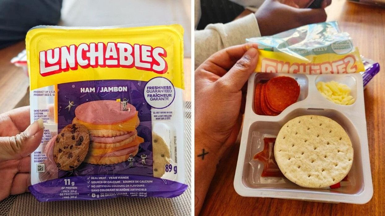 A hand holding Lunchables Ham Cracker Stacker. Right: An open package of Lunchables Pepperoni Pizza on a table.