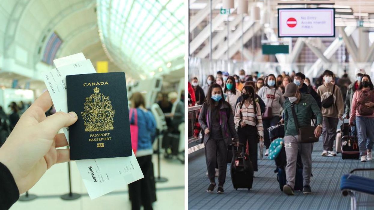 A hand holding out a Canadian passport. Right: Passengers in an airport.