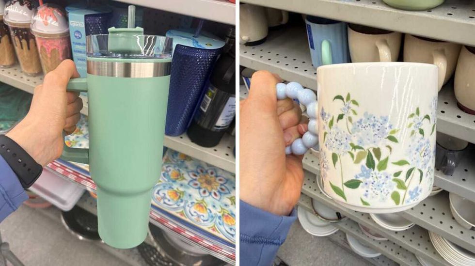 A hand holding the handle of a turquoise water bottle with a straw. Right: A handle holding a white mug with blue flowers on it.