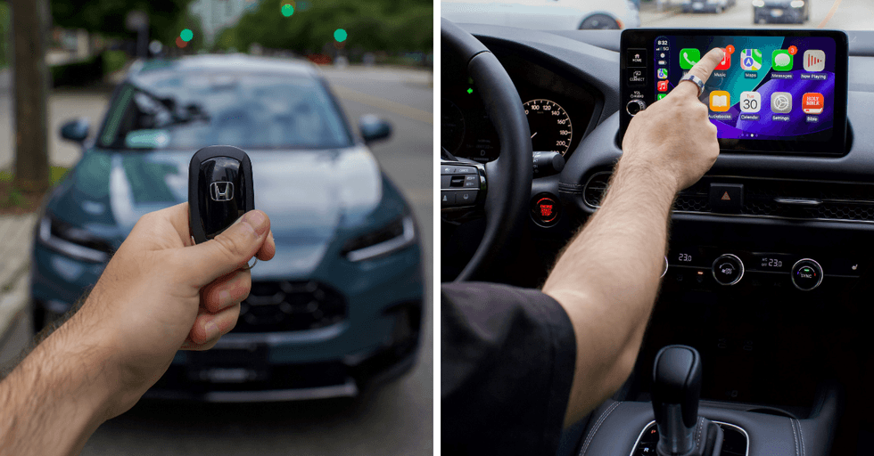 A hand holding the key fob for the Honda HR-V. Right: A hand selecting options on the touch screen display of the Honda HR-V.