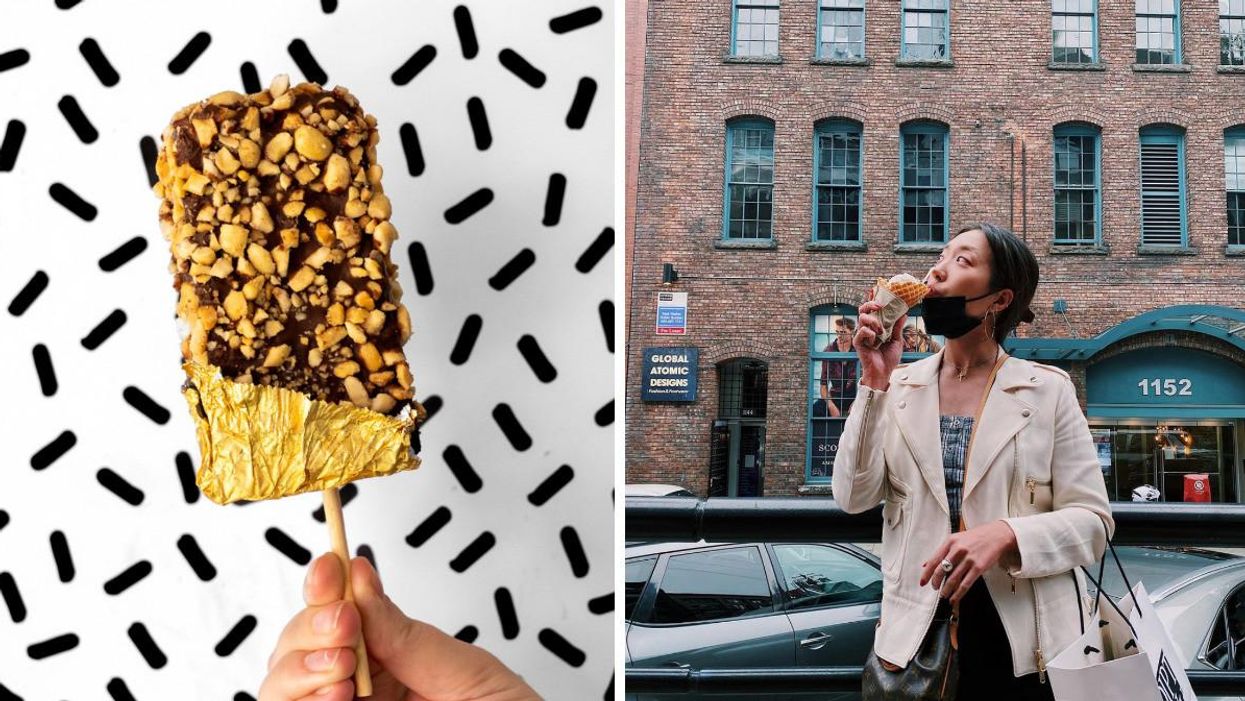 A hand holding the new Mister ice cream treat. Right: A woman eating a Mister ice cream.