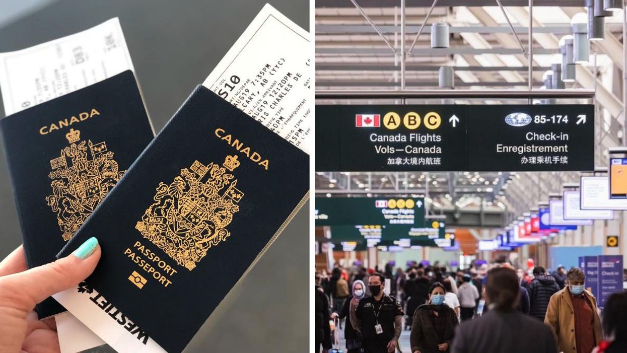 A hand holding two Canadian passports. Right: A busy airport terminal.
