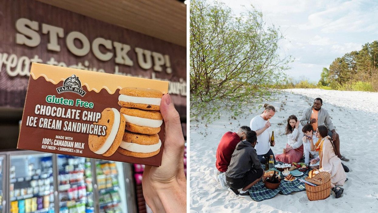 A hand holding up a box of Farm Boy gluten-free chocolate chip ice cream sandwiches. Right: people enjoying a beach picnic on the sand.