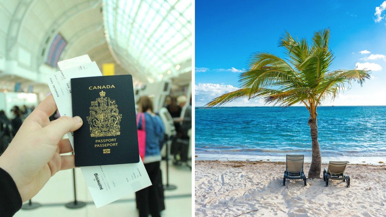 A hand holds a Canadian passport and boarding passes. Right: A tropical beach with a palm tree and two lounge chairs.
