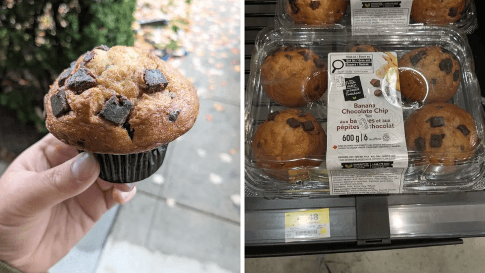 A hand holds a chocolate chip muffin beside a supermarket pack of banana chocolate chip muffins.