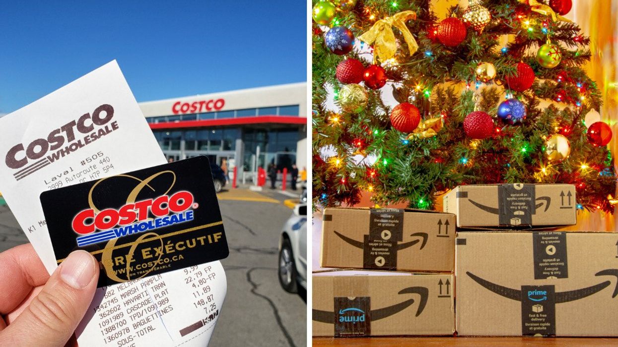A hand holds a Costco membership card outside a Costco store. Right: A pile of Amazon Prime boxes in front of a Christmas tree.