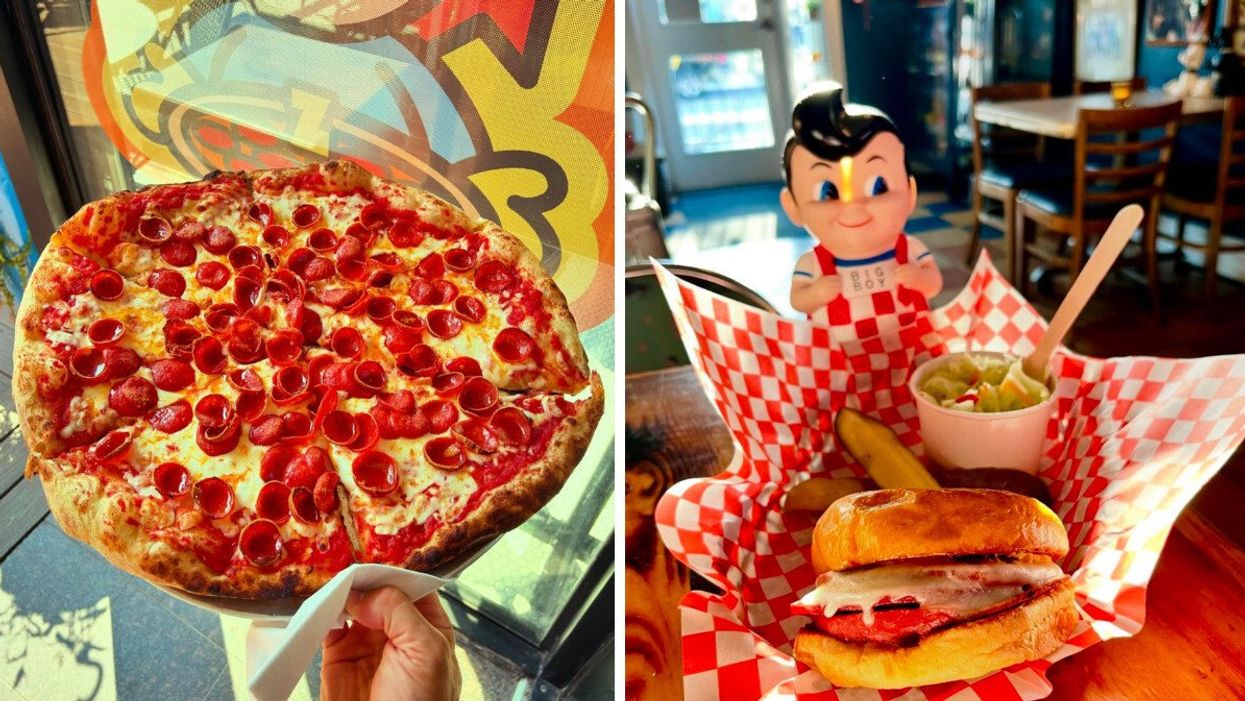 A hand holds a giant pepperoni pizza. Right: Ward-Lenksy sandwich from Ward 14 Consignment Bar.