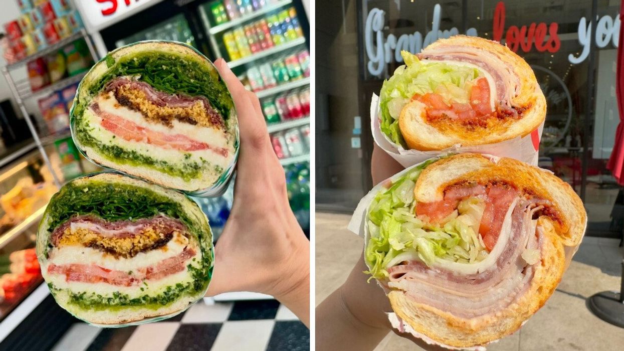 A hand holds a giant sandwiching the interior of Lambo's Deli, Toronto. Right: A hand holds a giant sandwich in front of the Grandma Loves You sign in Toronto.