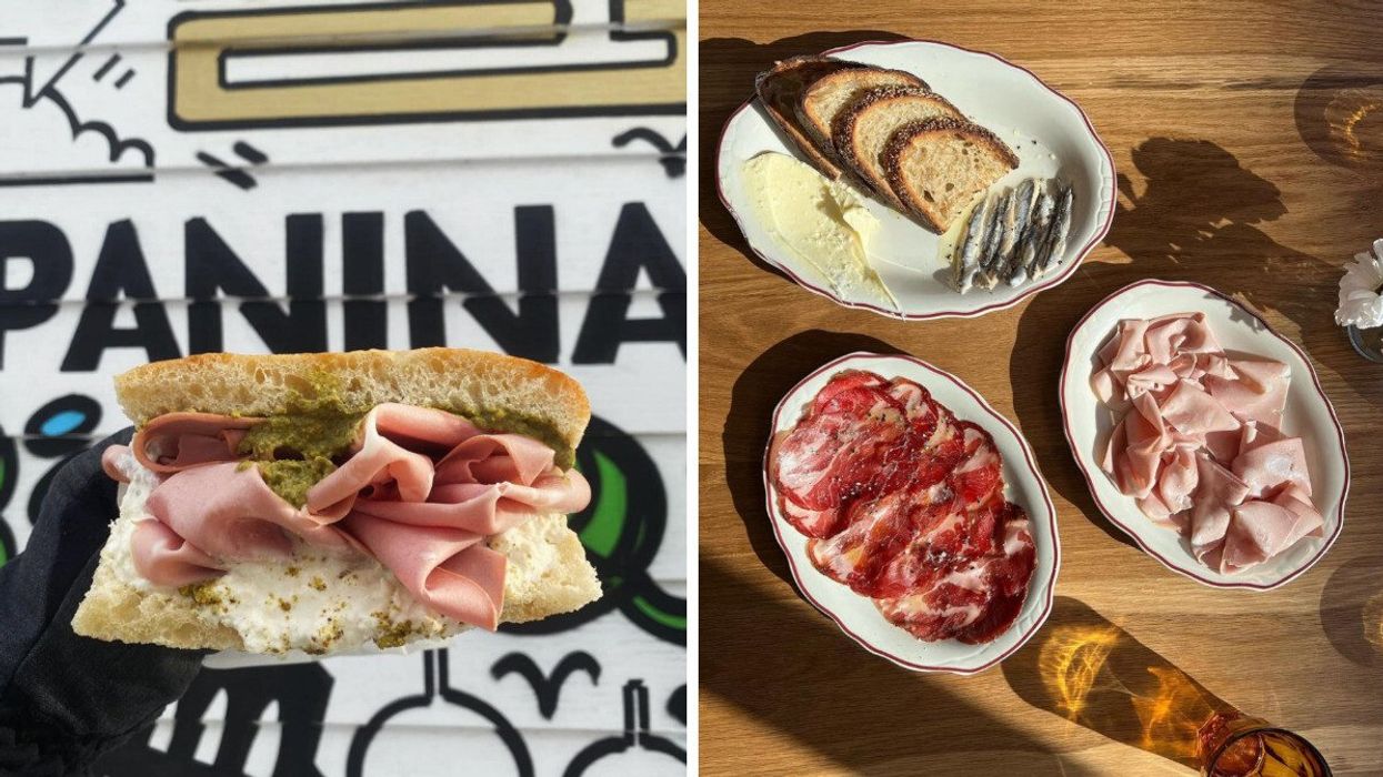 A hand holds a giant schiacciata sandwich beside a Paninaro sign. Right: An assortment of small plates, including meats, laid out neatly on a table.