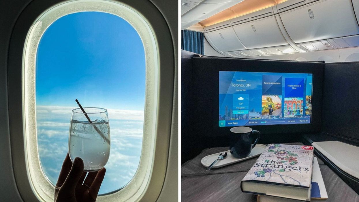 A hand holds a glass up in front of an airplane window. Right: A stack of books lay beside a mug of coffee in front of an airplane TV monitor.
