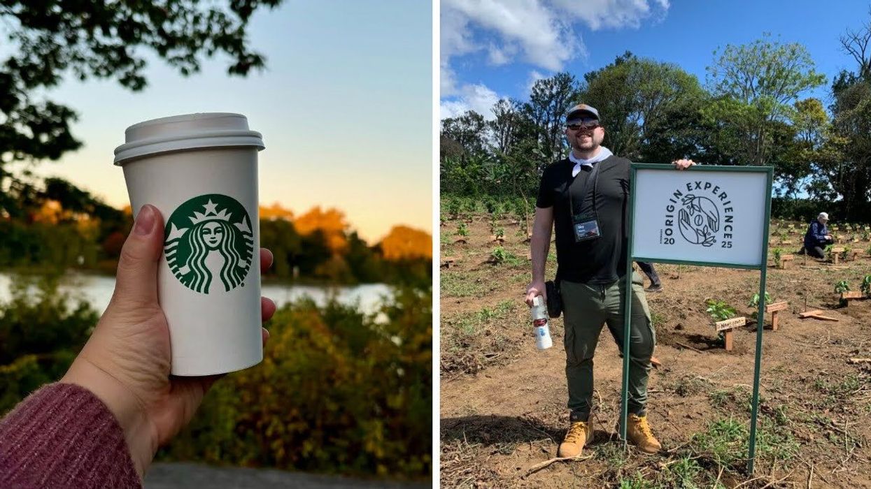 A hand holds a Starbucks cup in front of a lake. Right: Skyler Skerry at Hacienda Alsacia with the Origin Experience 2025 sign.