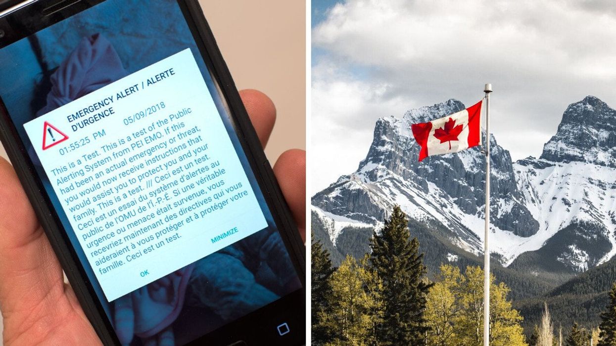 A hand holds an iPhone displaying an alert message. Right: The Canadian flag stands against a backdrop of mountains and trees.