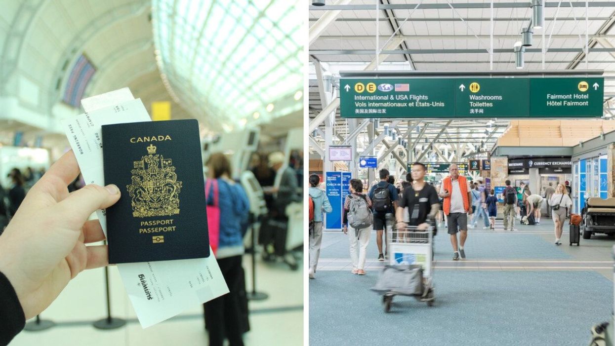 A hand holds out a Canadian passport and a boarding pass in a busy airport. Right: The busy check-in area at Vancouver airport.