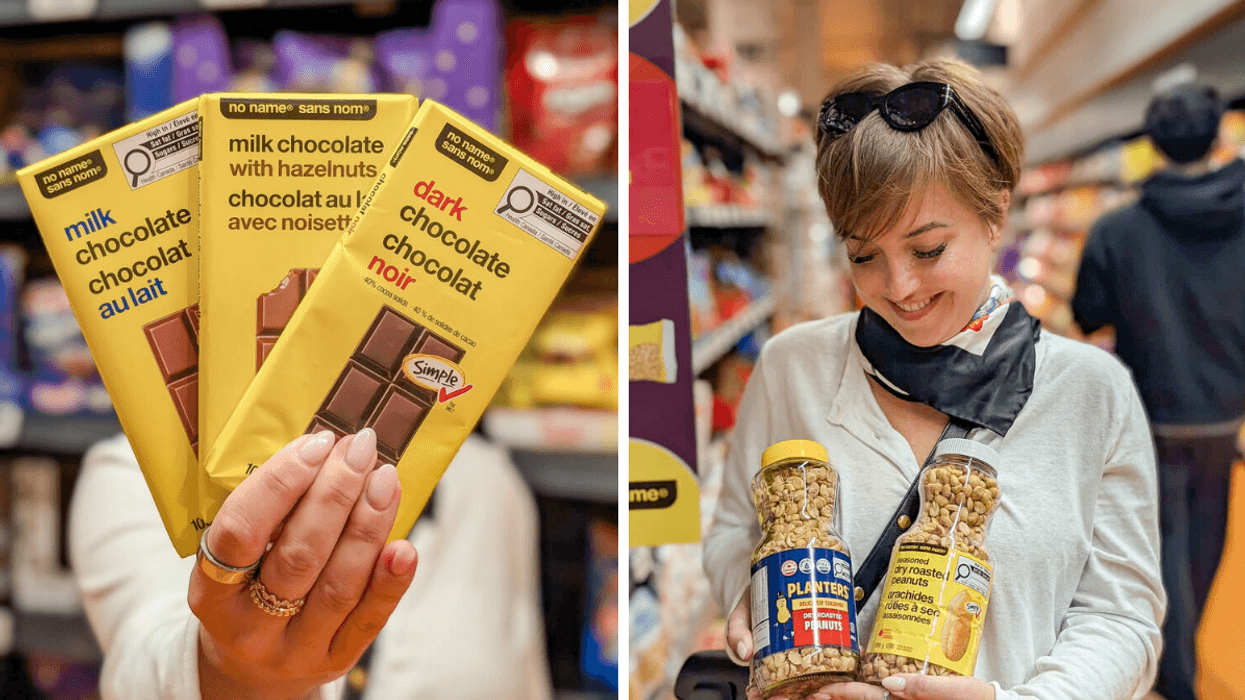 A hand holds three no name chocolate bars. Right: A woman smiles while holding branded and no name peanuts.
