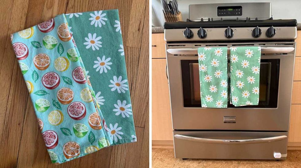A hand towel with colourful citrus fruit on it next to a green hand towel with white daisies on it. Right: Two green handt owels with white daisies on an oven handle.