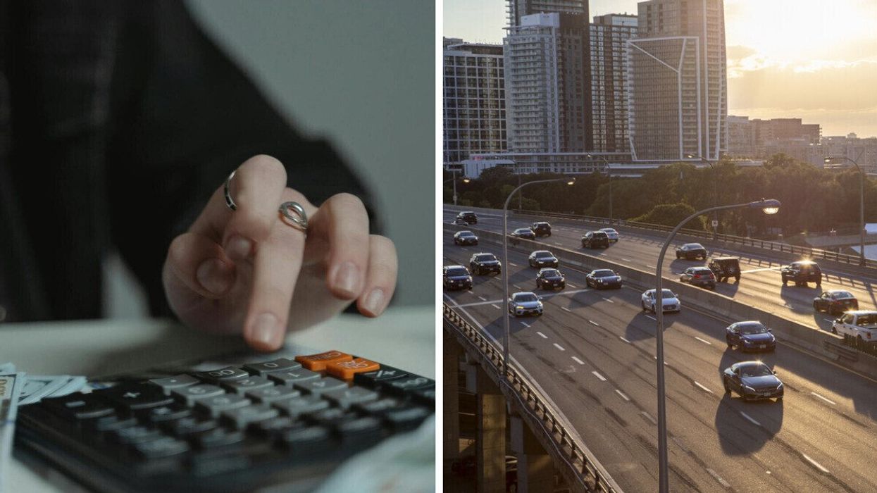 A hand using a calculator. Right: Cars on a city highway during sunset.