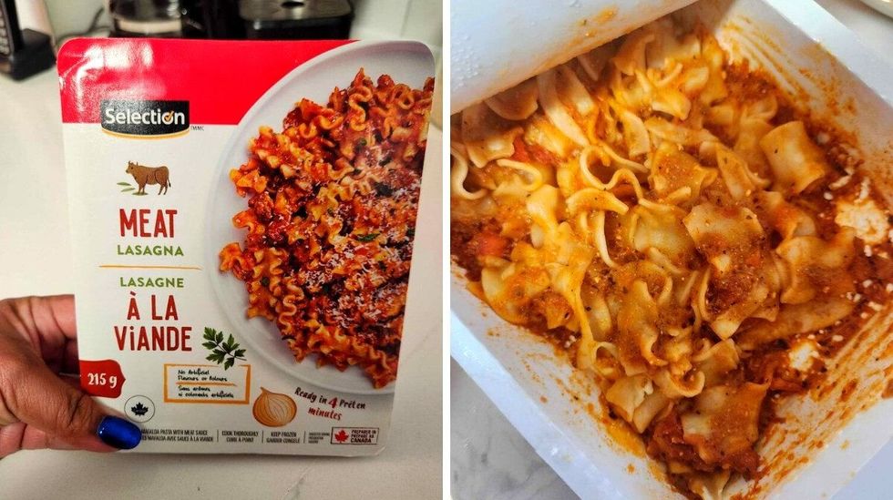 A hand with blue nail polish golding a white package of lasagne. Right: Yellow pasta noodles covered in red sauce with cheese.