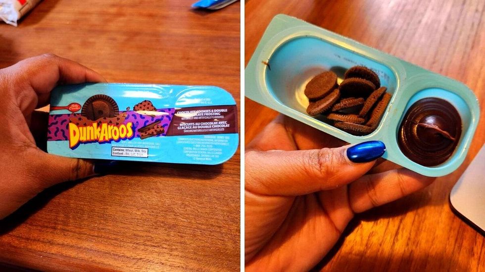A hand with blue nails holding a blue package against a brown wooden table. Right: A hand holding a blue container with chocolate biscuits and chocolate dip.