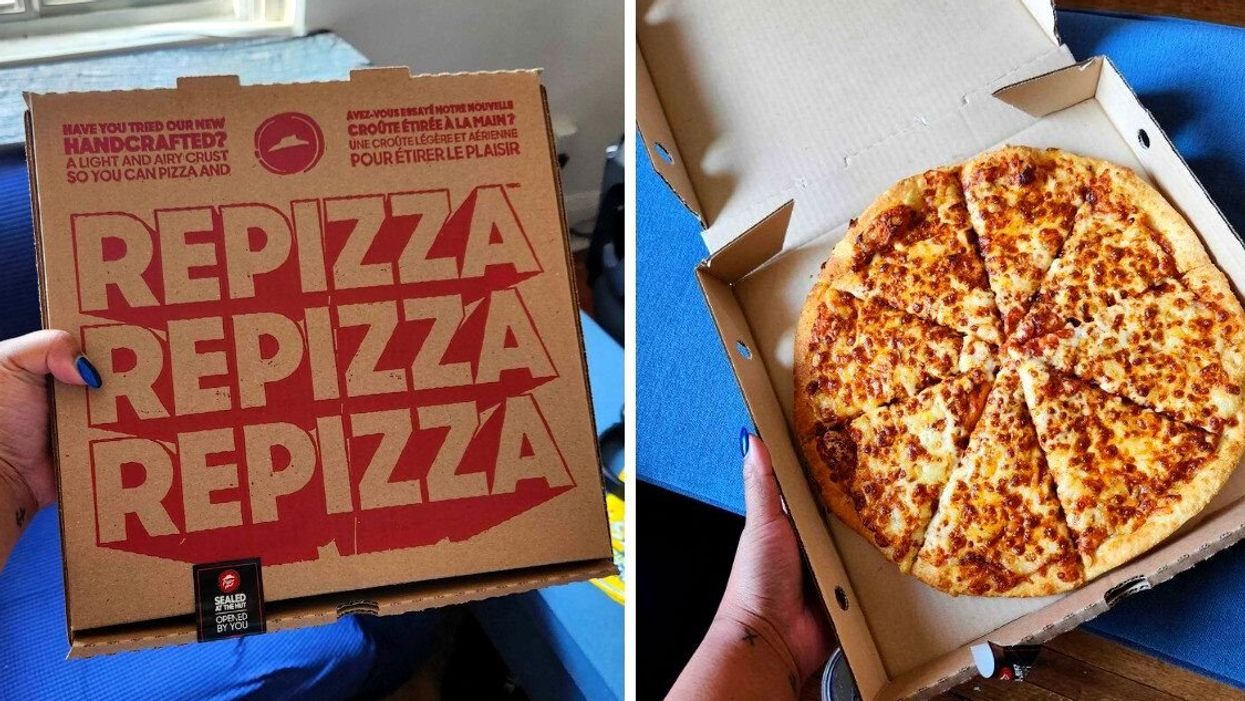 A hand with blue nails holding a brown square box that says repizza. Right: A hand holding an open box of pizza.