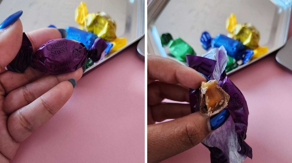 A hand with blue nails holding a chocolate in a purple wrapper. Right: A hand with blue nails holding a chocolate with a bite taken out of it and caramel in the middle. .