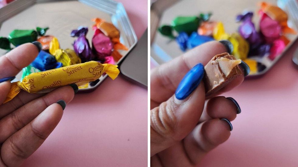 A hand with blue nails holding a chocolate in a yellow wrapper. Right: A hand with blue nails holding a chocolate with a bite taken out of it with white toffee inside of it..