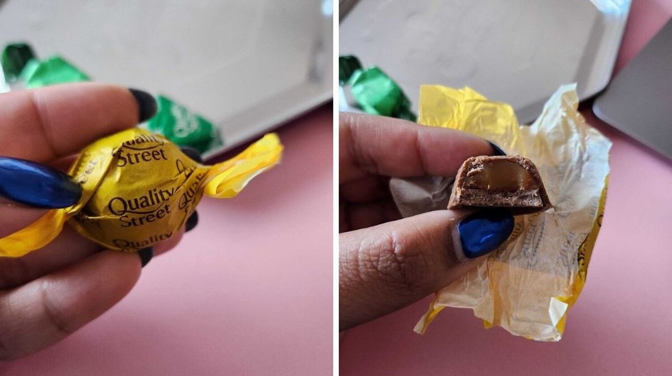 A hand with blue nails holding a chocolate in a yellow wrapper. Right: A hand with blue nails holding a chocolate with a bite taken out of it.