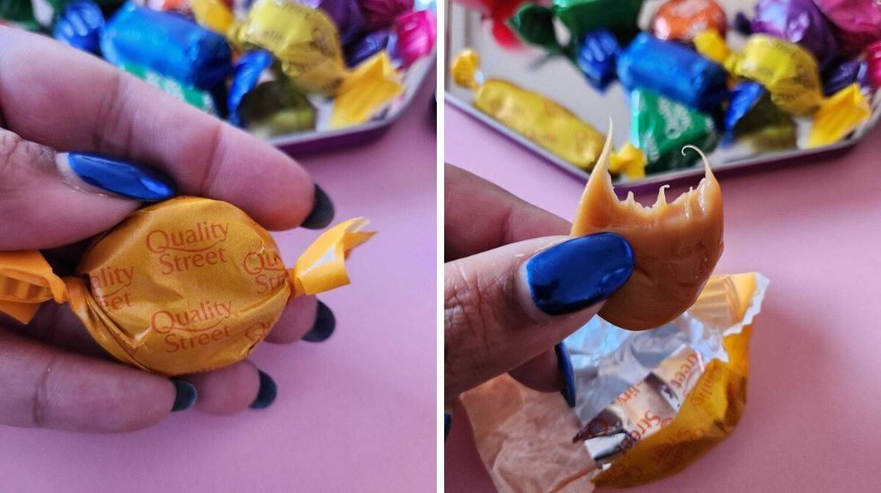 A hand with blue nails holding a chocolate in an orange wrapper. Right: A hand with blue nails holding a toffee with a bite taken out of it.