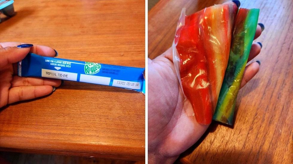 A hand with blue nails holding a slim blue package against a brown wooden table. Right: A hand holding rainbow coloured fruit skin.. \u200b