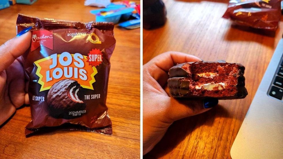 A hand with blue nails holding a snack with brown wrapping against a brown wooden table. Right: A hand holding a brown pastry with a bite taken out of it and cream in the middle. \u200b