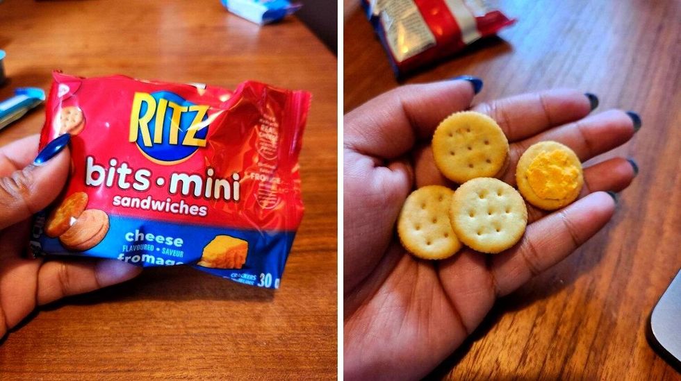 A hand with blue nails holding a snack with red and blue wrapping against a brown wooden table. Right: A hand holding round crackers.