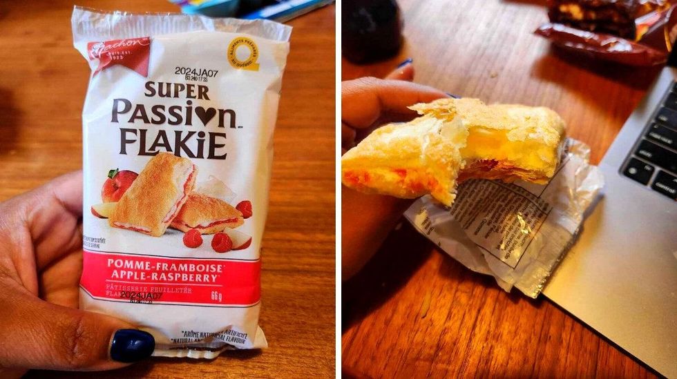 A hand with blue nails holding a snack with whitewrapping against a brown wooden table. Right: A hand holding a white pastry with a bite taken out of it and cream in the middle. \u200b