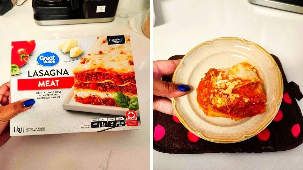 A hand with blue nails holding a white package on a white marble counter. Right: A hand with blue nails holding a small place with lasagna on it on top of a brown and pink pot holder.