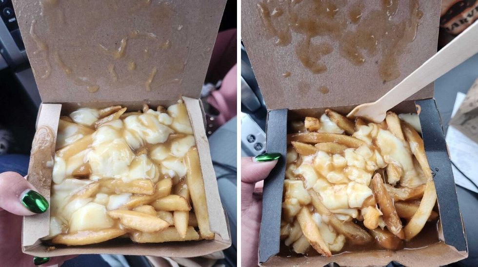 A hand with green nail polish holding a brown box of poutine covered in gravy. Right: A hand with green nail polish holding a black box of poutine with a fork in it.