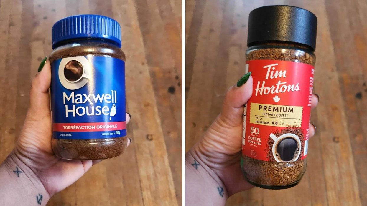 A hand with green nails and tattoos holding a clear jar with a blue label against a wooden floor. Right: A hand with green nails and tattoos holding a clear jar with a red label against a wooden floor.